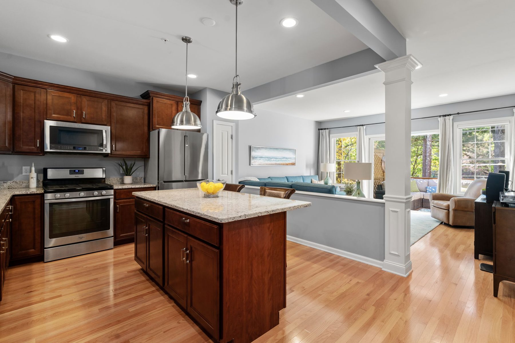 14 Iris Court — kitchen with island open to living room