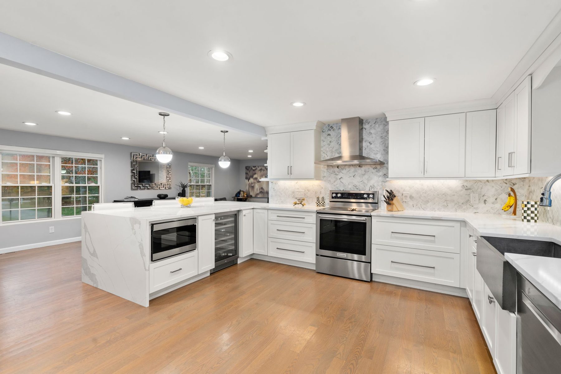 52 Condor Rd, Sharon — Kitchen, KitchenAid range, wine fridge, farmhouse sink