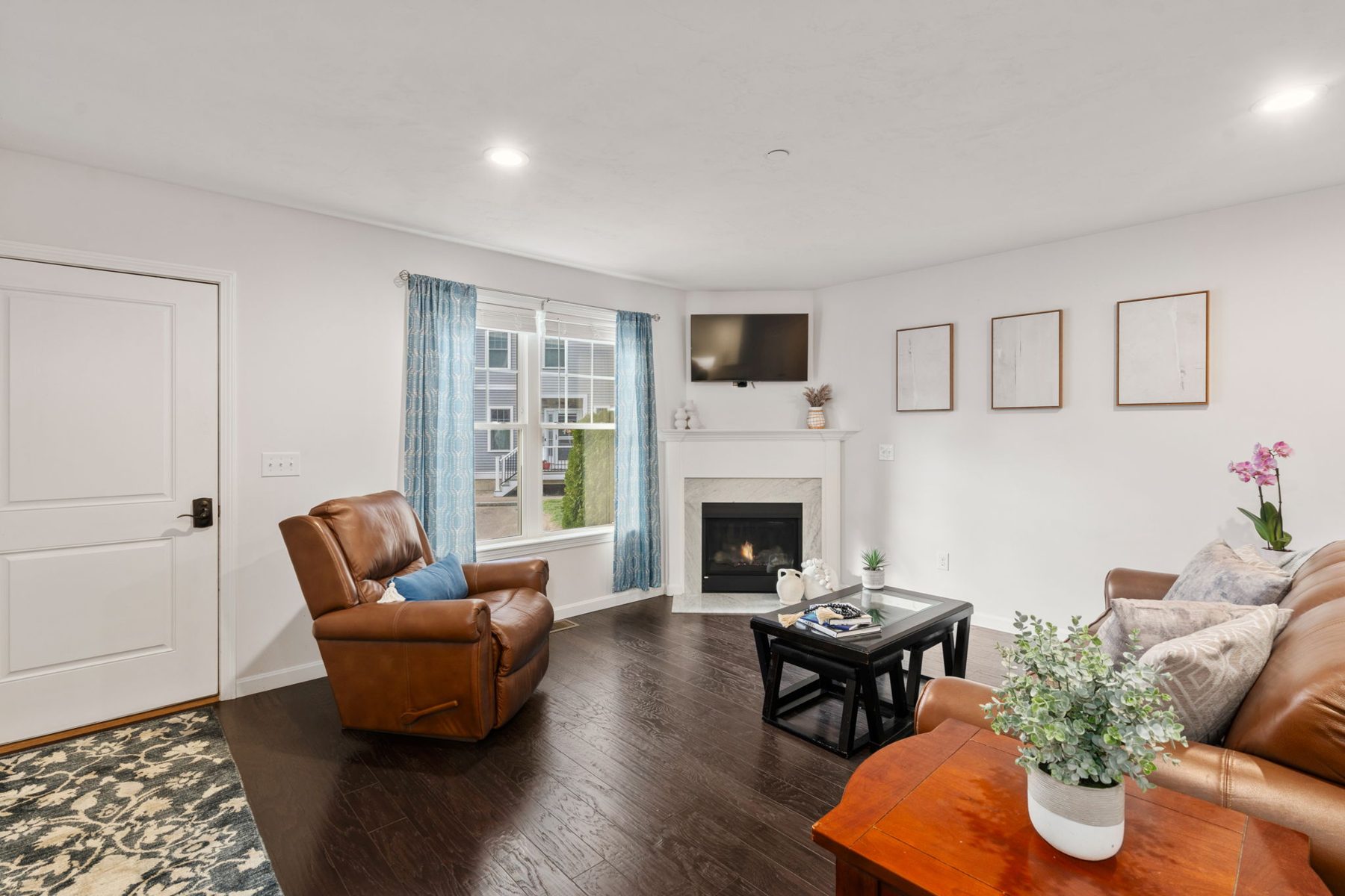 1 Roseland St Unit A1 — living room with corner gas fireplace
