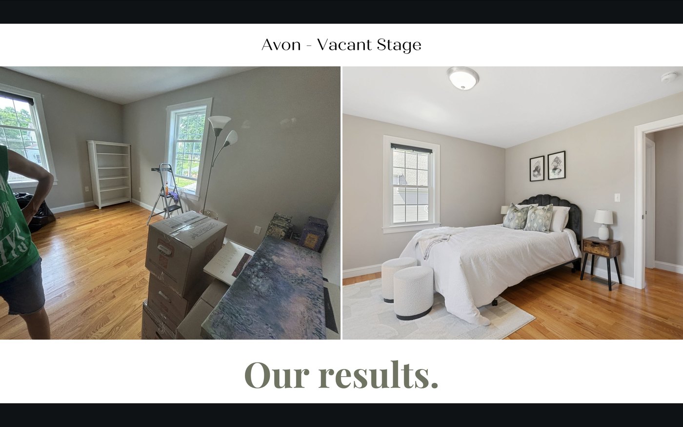 Before and after staging of a bedroom in Avon, MA