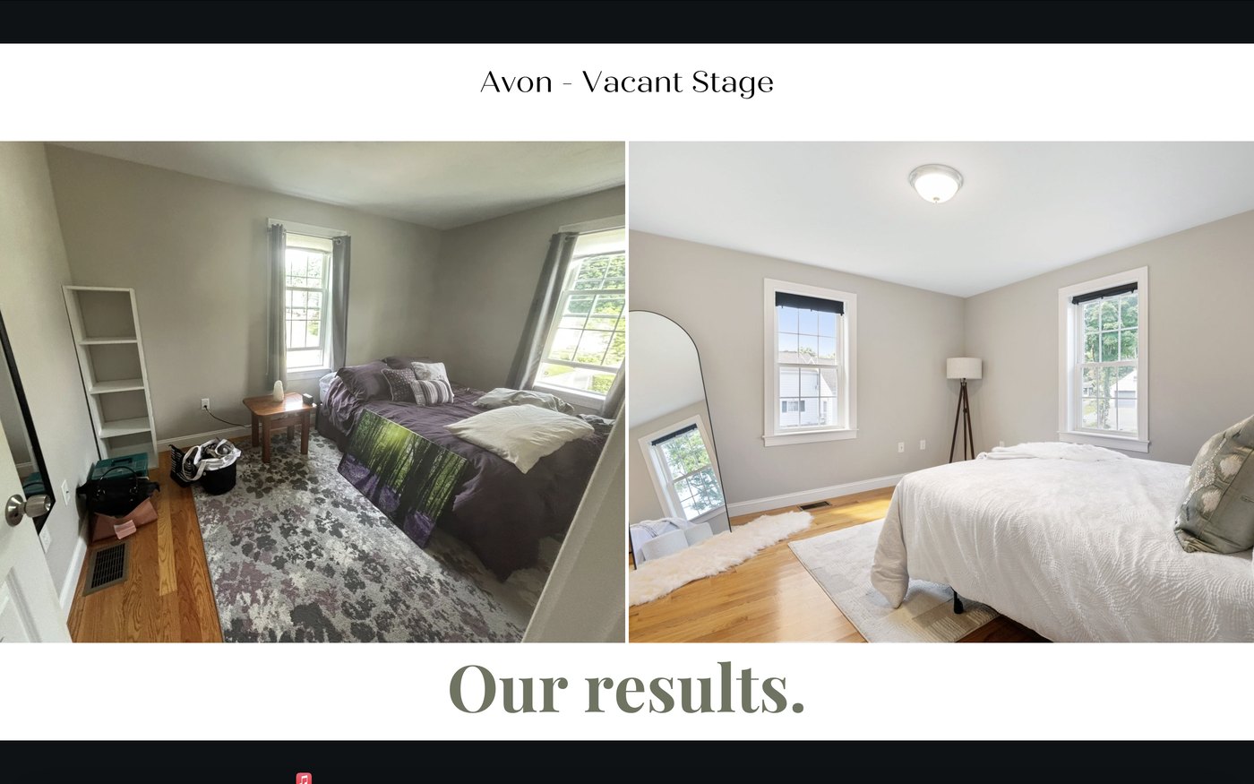 Before and after staging of a bedroom in Avon, MA