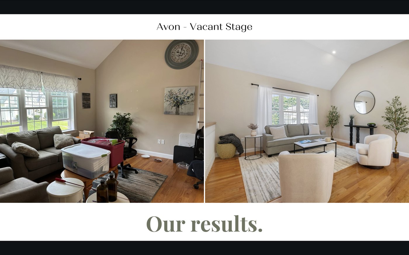 Before and after staging of a living room in Avon, MA