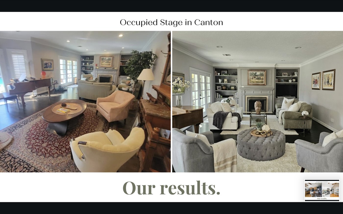 Before and after staging of a living room in Canton, MA