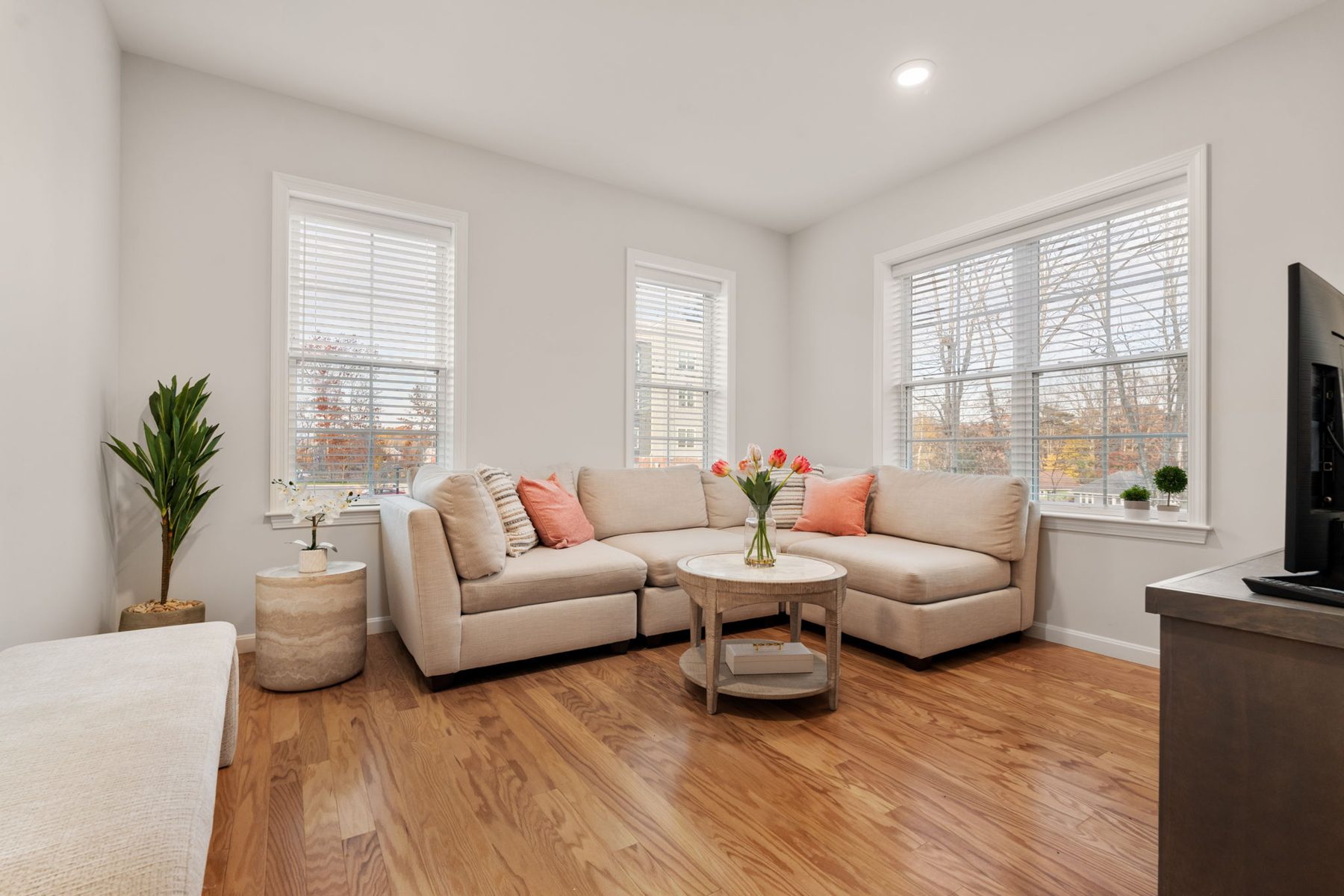 Staged family room at Copperworks, Canton, MA