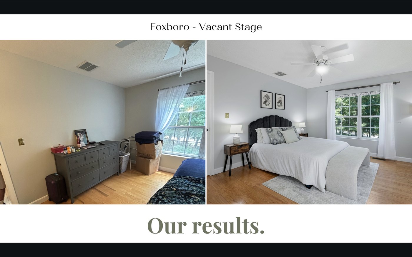 Before and after staging of a bedroom in Foxboro, MA