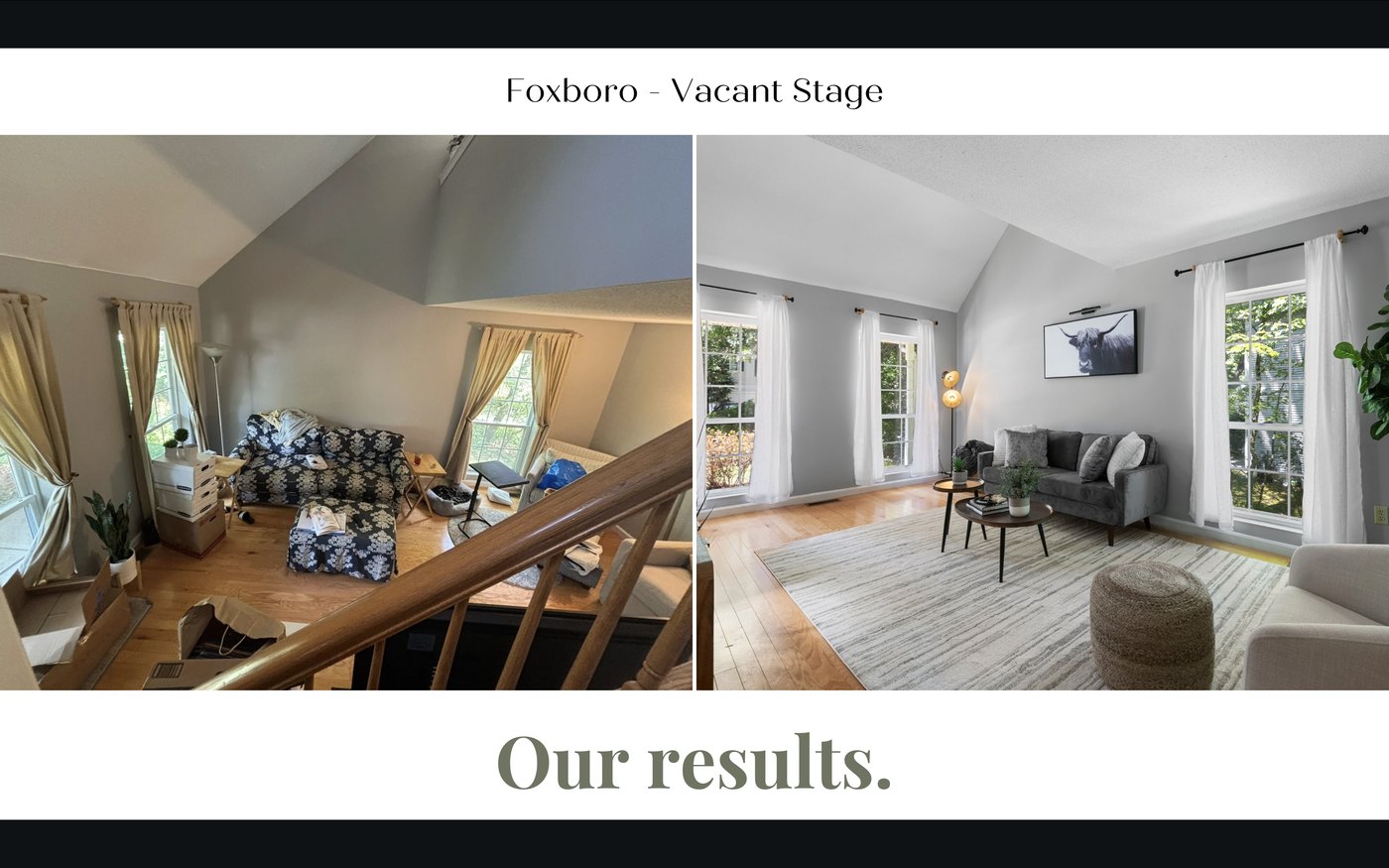 Before and after staging of a living room in Foxboro, MA