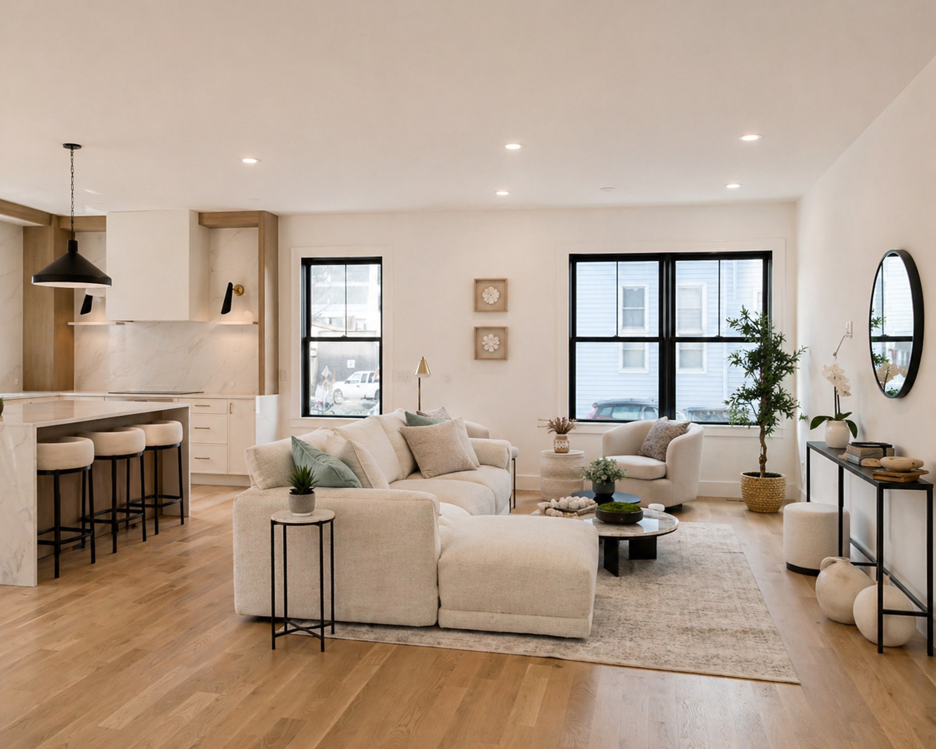 Staged open living and kitchen at 21 S Waverly St, Brighton, MA