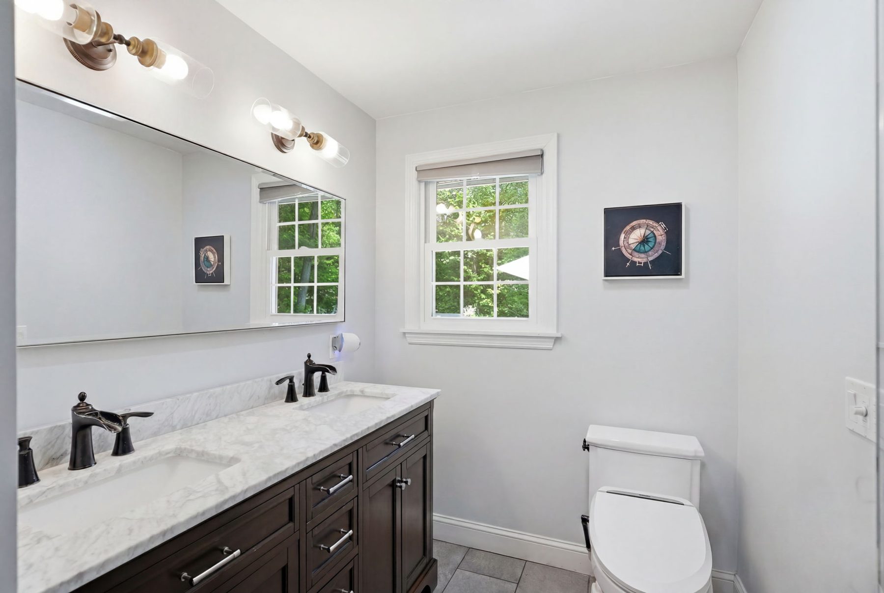 5 Stanford Drive, Westwood — Bath: double vanity, marble top, brass sconces