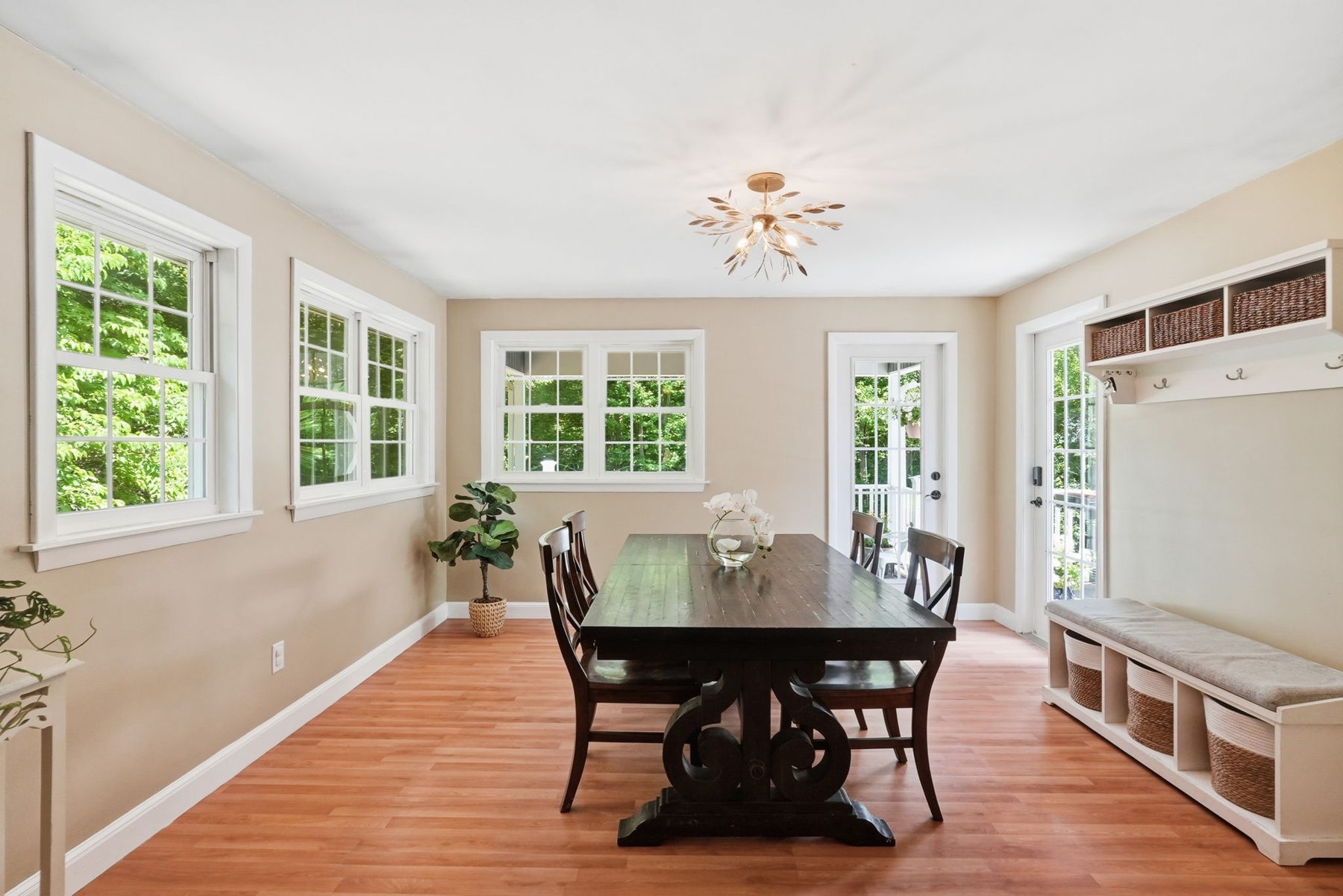 5 Stanford Drive, Westwood — Dining room with built-in mudroom bench