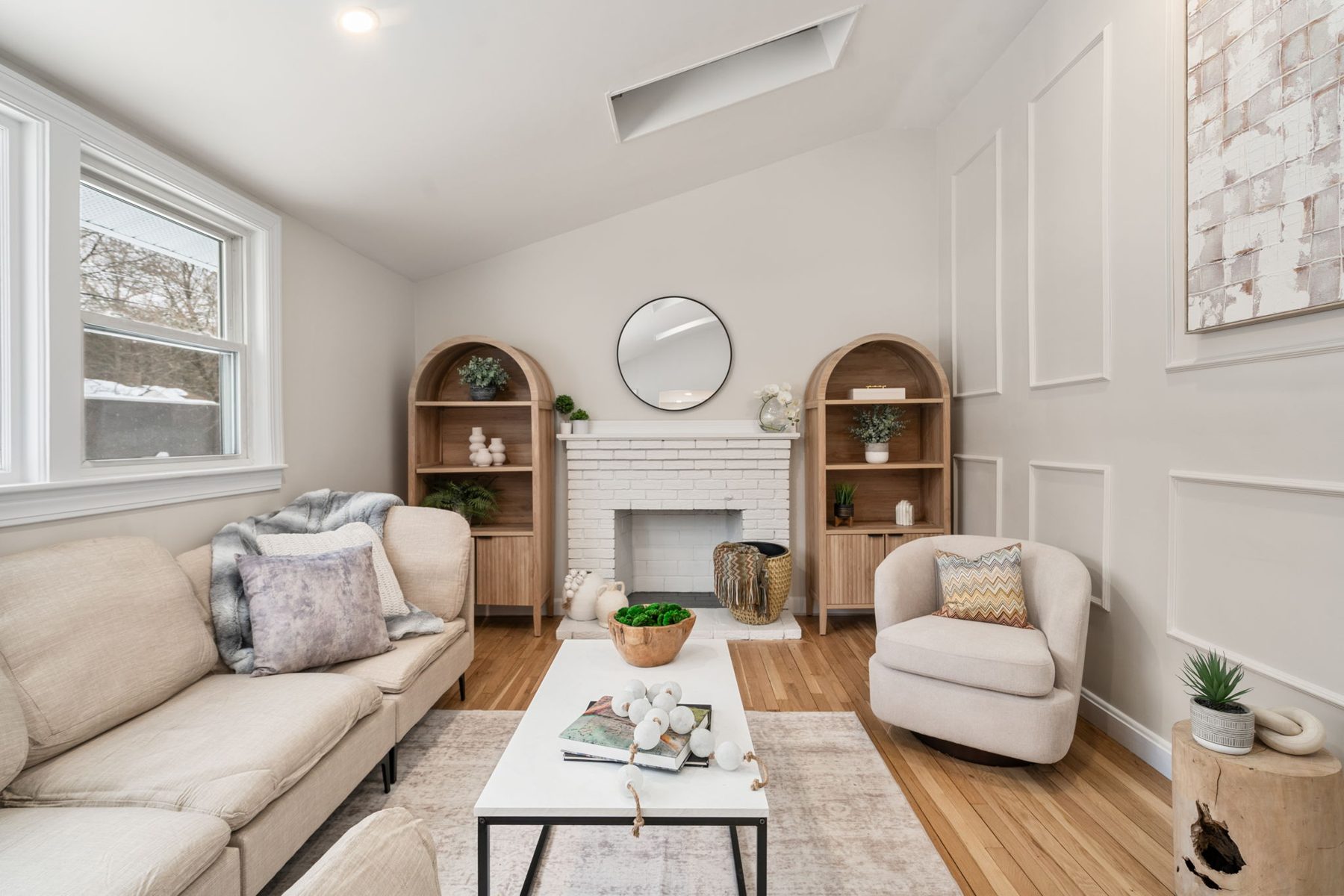 11 Wilshire Dr, Sharon — Living room, painted brick fireplace, board-and-batten